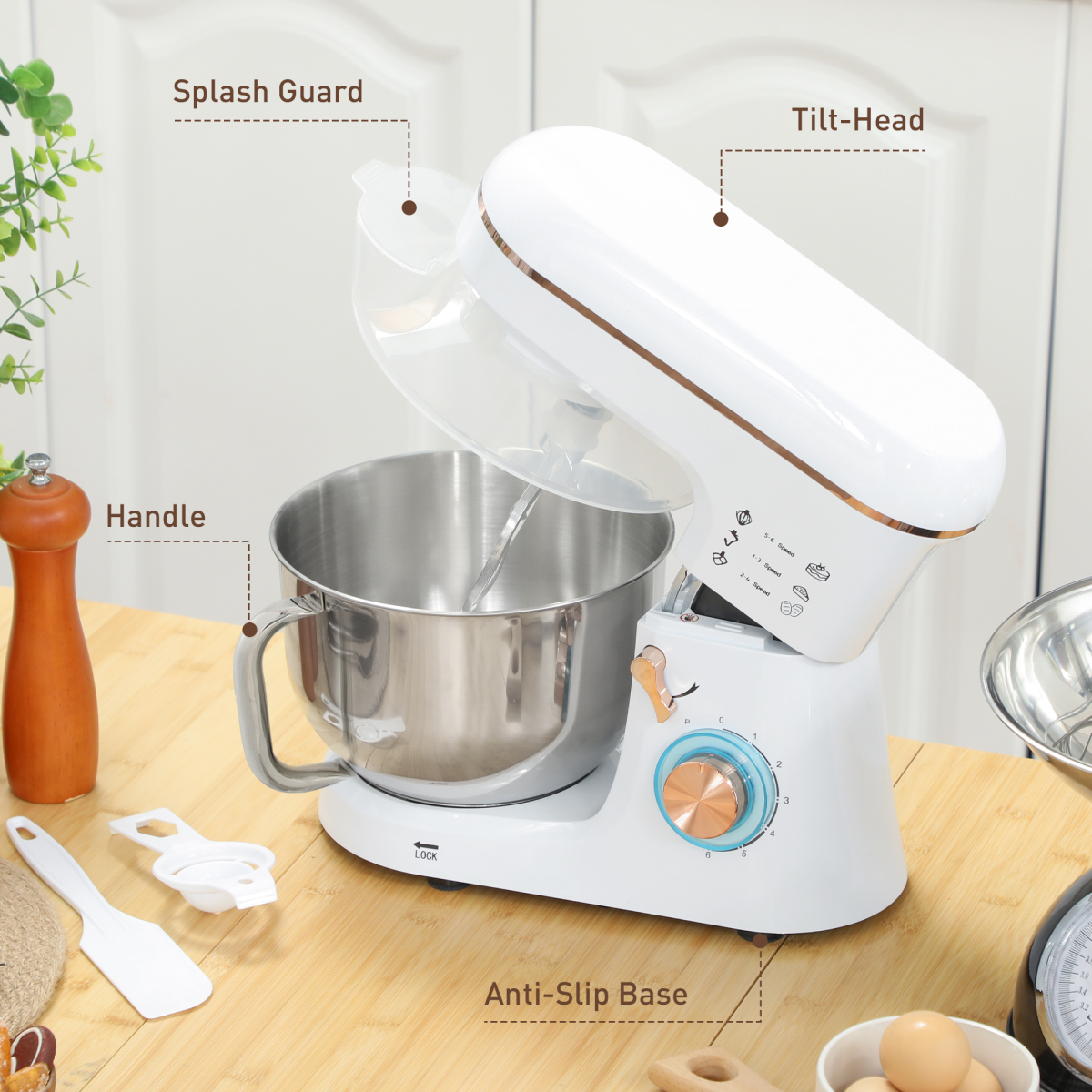 HOMCOM Electric Stand Mixer 5L 1400W Dough Hook Whisk Beater 6 Speed White