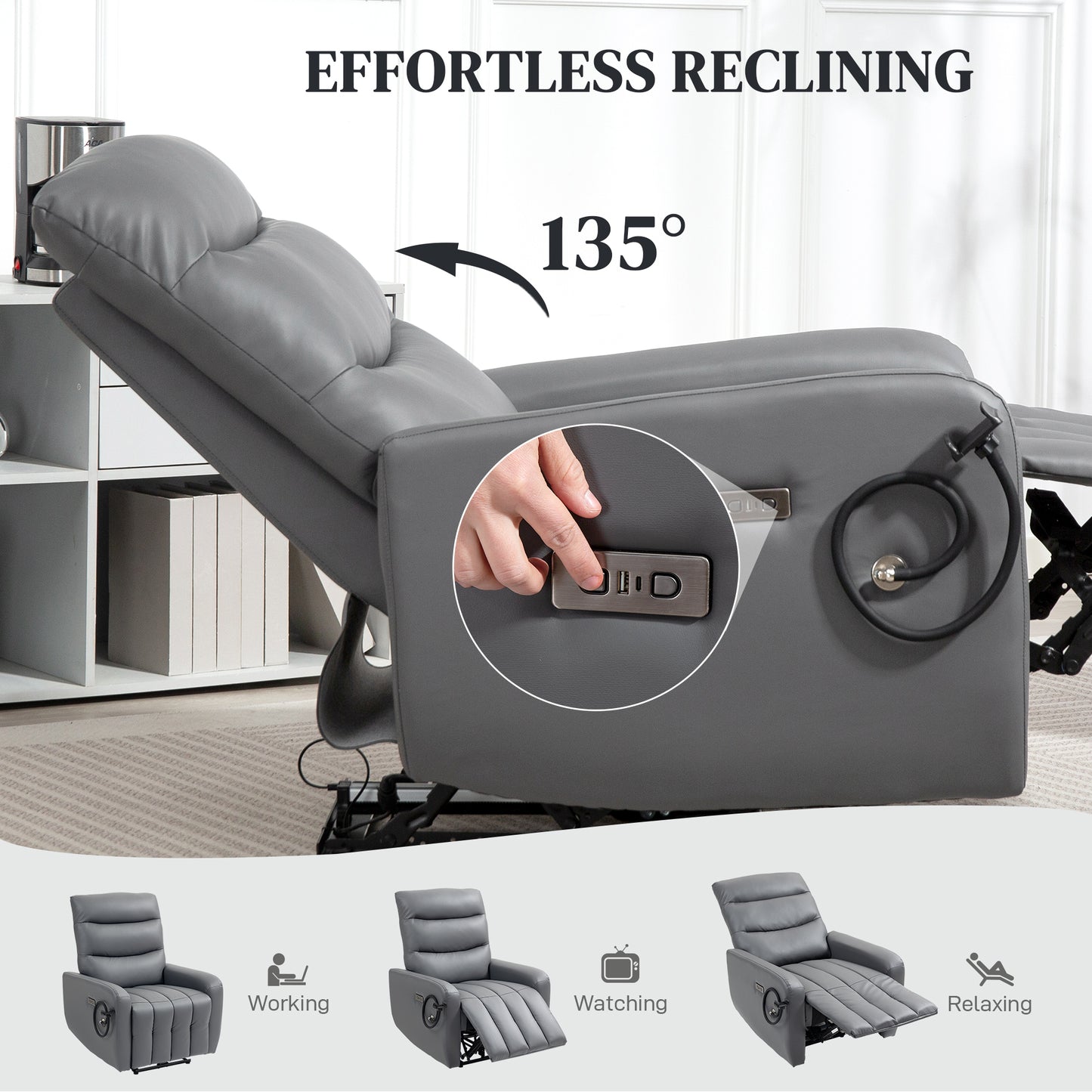 HOMCOM Electric Recliner Chair with Phone Holder, USB Charge Port, Grey