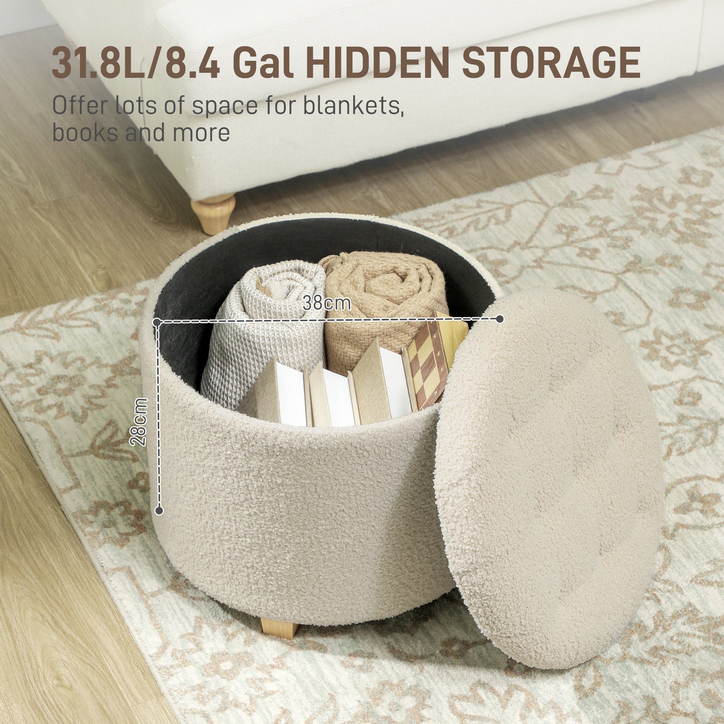 HOMCOM 45cm Round Ottoman with Storage, Lid, Cashmere Footstool, Cream White