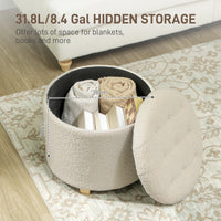 HOMCOM 45cm Round Ottoman with Storage, Lid, Cashmere Footstool, Cream White
