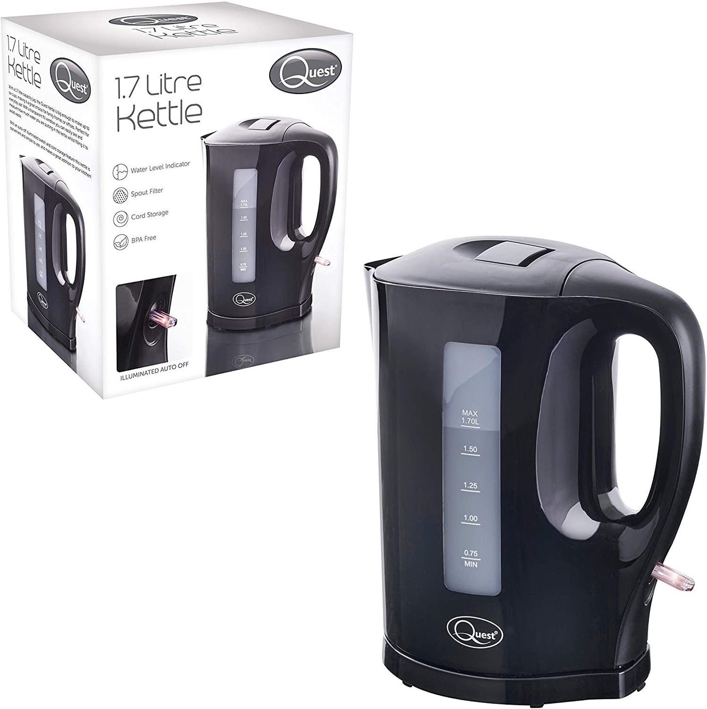 Quest 1.7L Jug Kettle Black 35109 - Fast Boil Home Kitchen Electric Kettle