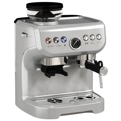 HOMCOM Espresso Machine with Bean Grinder & Steam Wand, 15 Bar, Silver