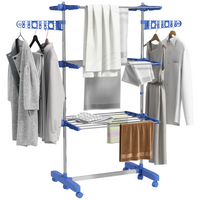 HOMCOM 3-Tier Stainless Steel Clothes Airer Drying Rack, Folding w Wheels Blue