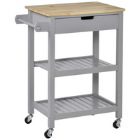 Kitchen Trolley Utility Cart on Wheels, Rubberwood Top, Towel Rack, Drawer, Shelves