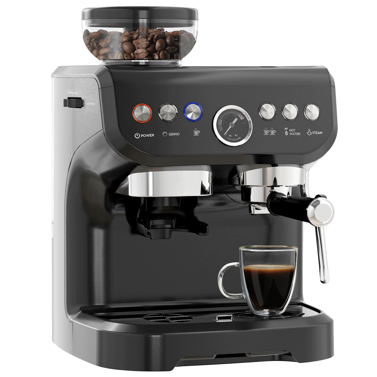 15 Bar Espresso Coffee Machine Black w/ Integrated Bean Grinder & Steam Wand