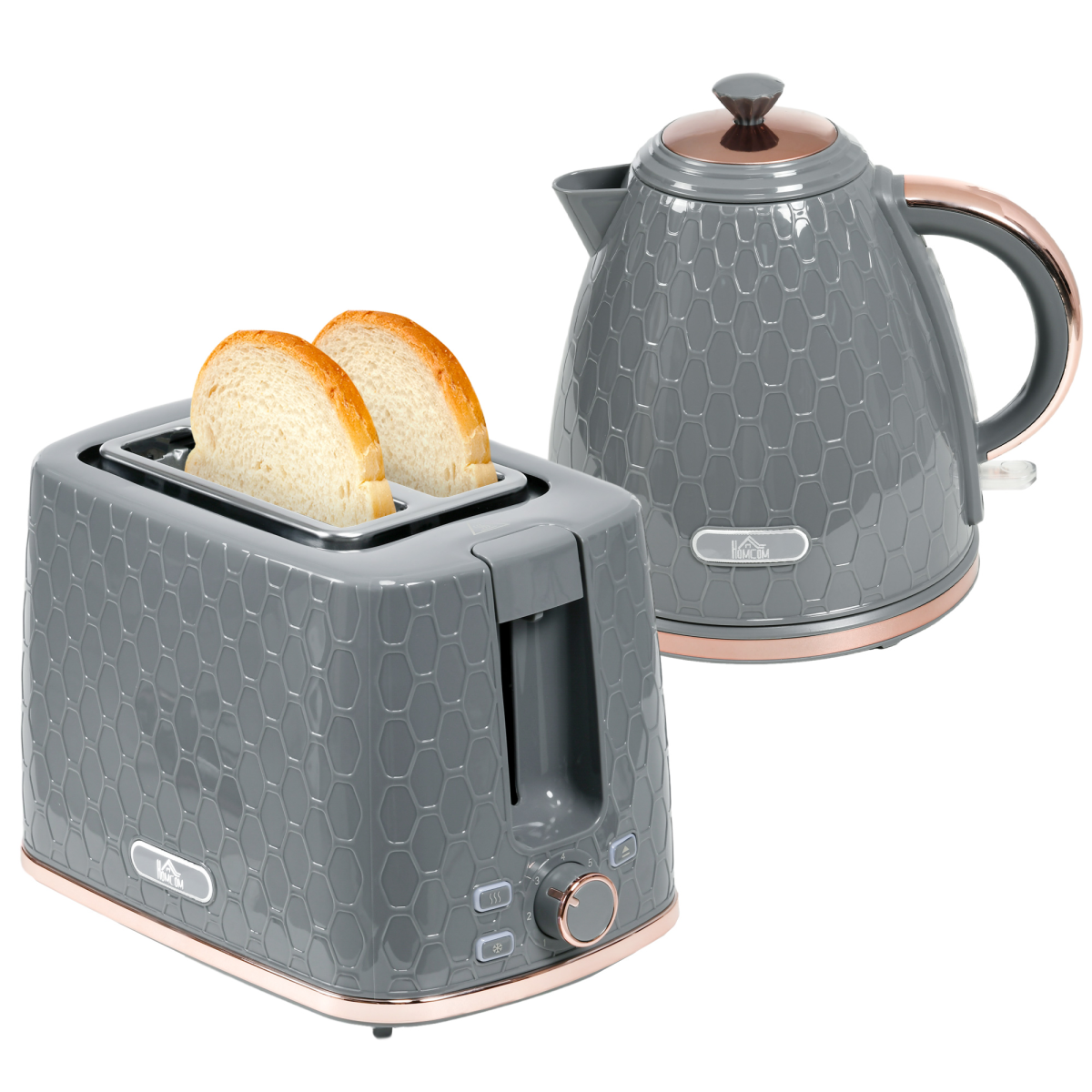 HOMCOM 1.7L Kettle & 2 Slice Toaster Set Fast Boil Honeycomb Grey UK