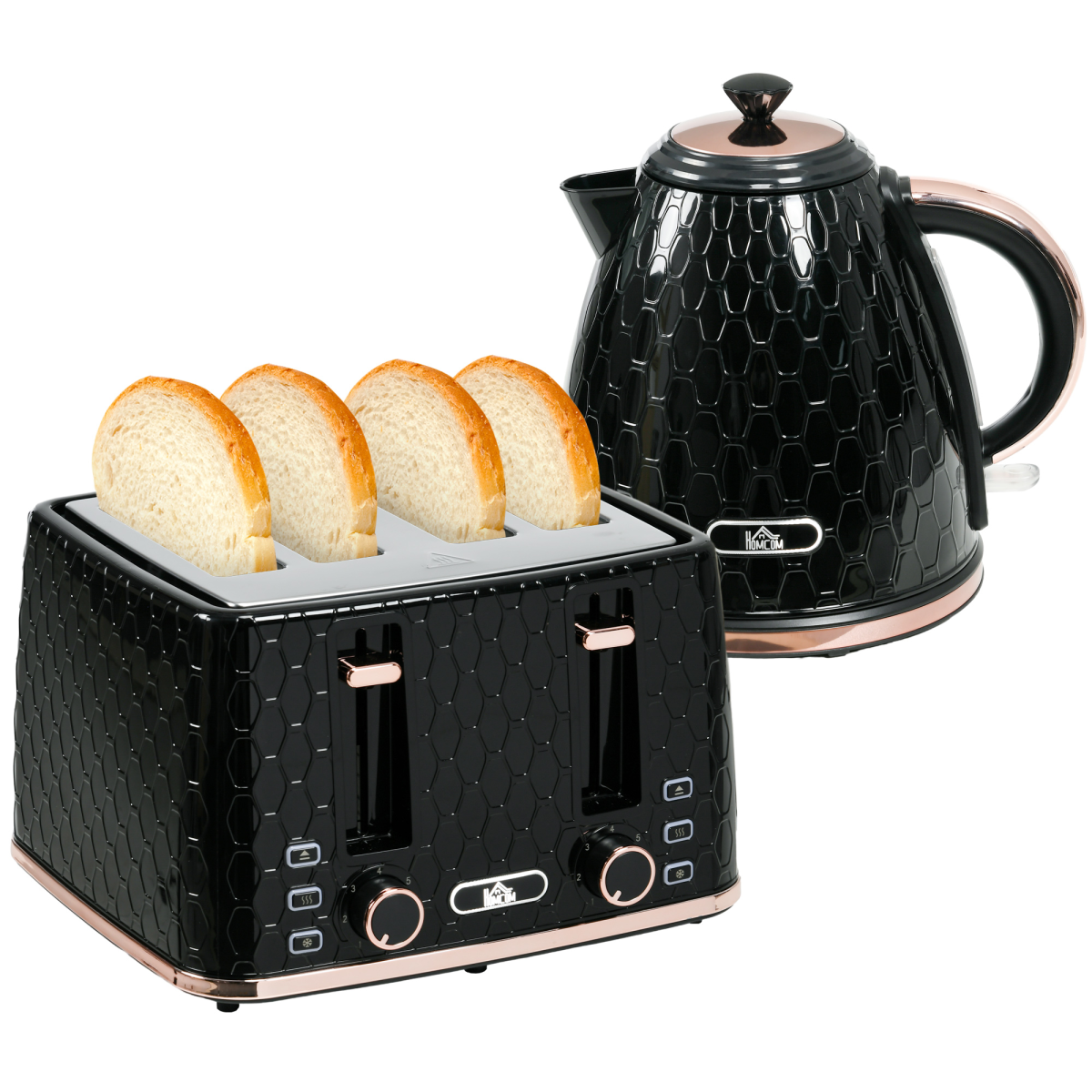 HOMCOM 1.7L Kettle & 4-Slice Toaster Set, Defrost Reheat Auto-Centres Black