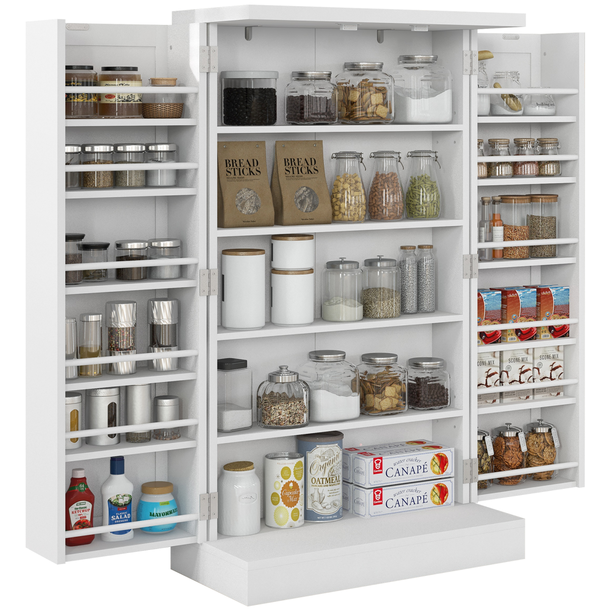 HOMCOM White Kitchen Cupboard Double Doors 5-Tier Shelf 12 Spice Racks