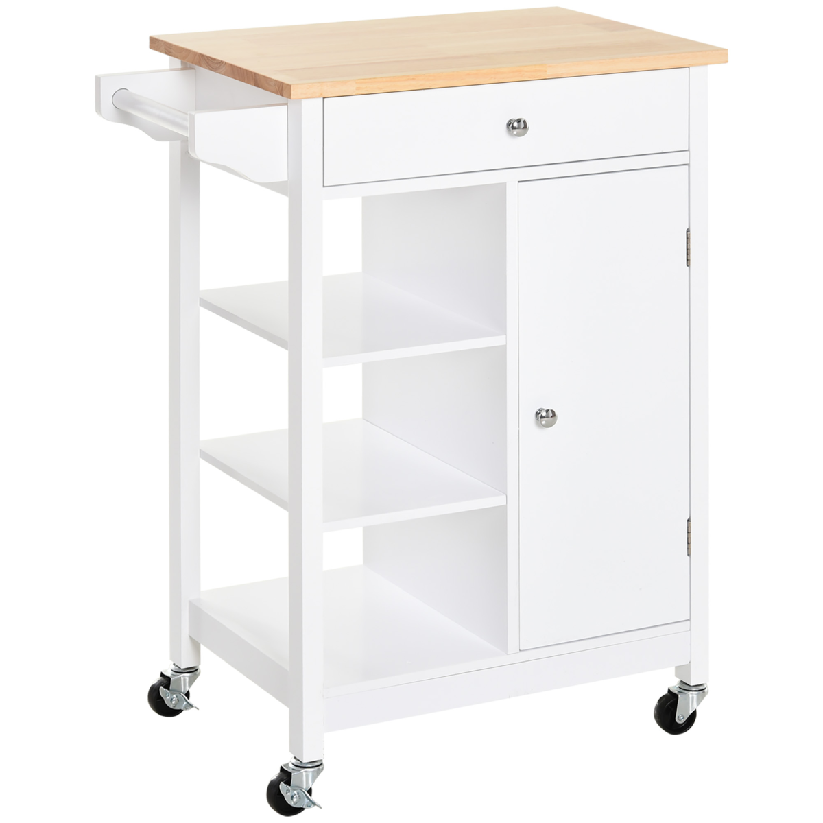 MDF Kitchen Storage Trolley White, 1 Drawer, 3 Shelves, Cabinet & Rails, Wheels