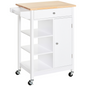 MDF Kitchen Storage Trolley White, 1 Drawer, 3 Shelves, Cabinet & Rails, Wheels