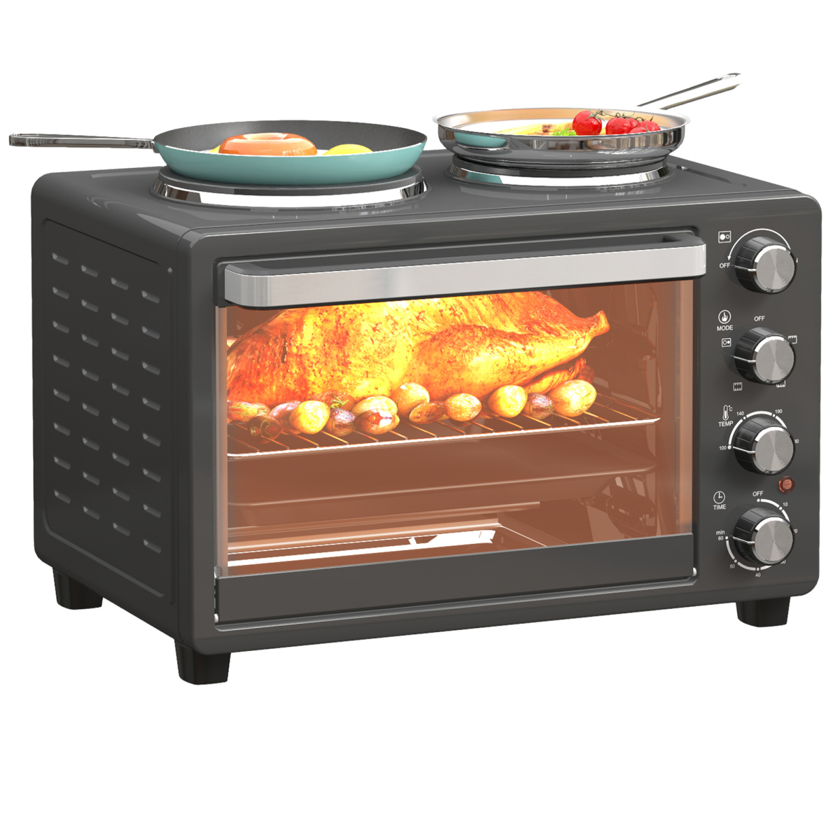 HOMCOM 28L Toaster Oven 2 Hot Plates Grill Roast Bake Countertop 2600W Black