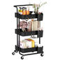 3-Tier Utility Cart, Serving Trolley with Mesh Baskets Removable Boxes, Black