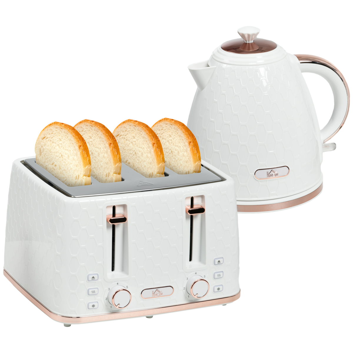 HOMCOM 1.7L Kettle & 4-Slice Toaster Set, Defrost Reheat, Crumb Tray, White